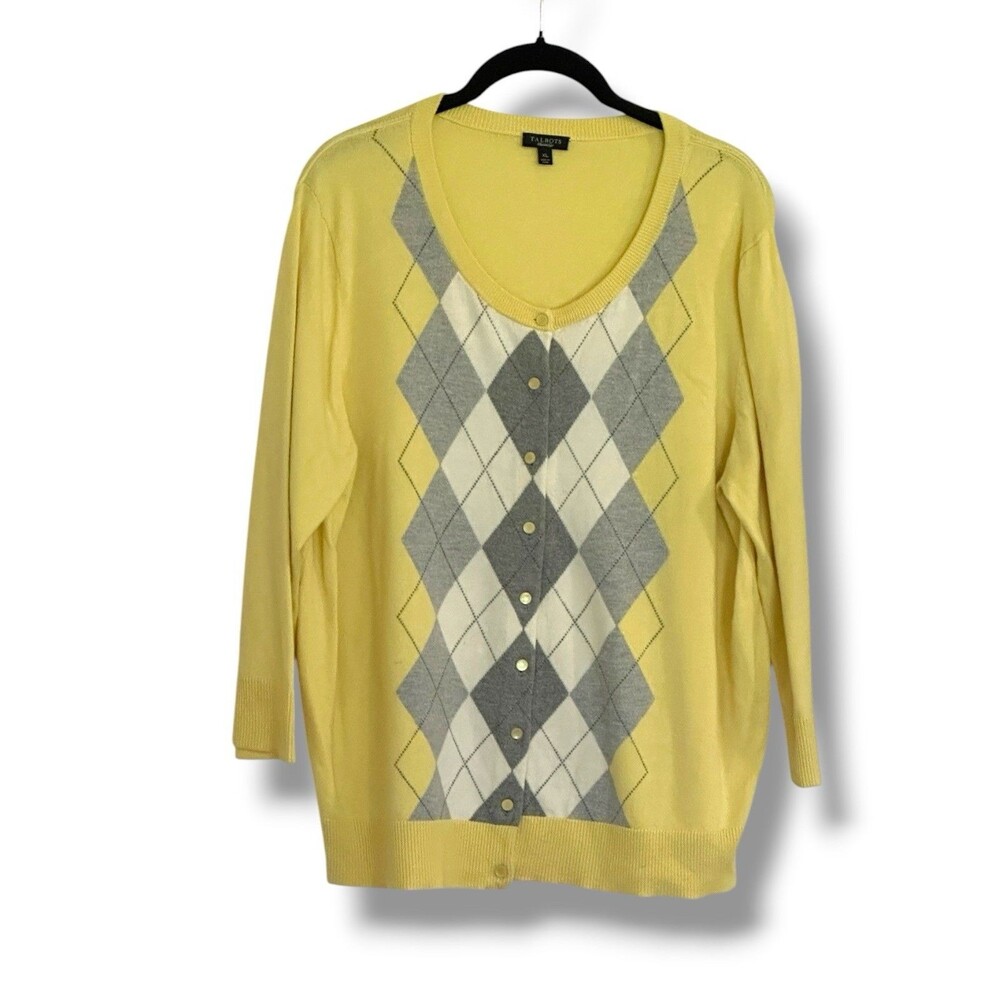 Talbots Yellow Gray Argyle Cardigan Sweater XL